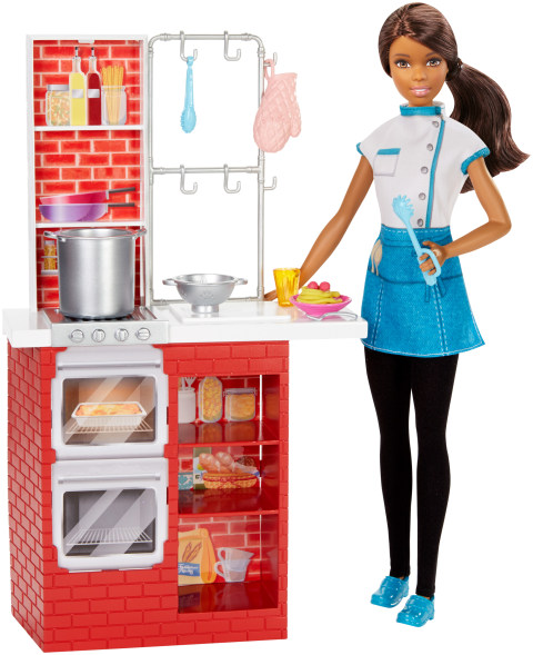 Barbie cuoca in cucina mobili forno gas pentole spaghetti originale Mattel  DMC36