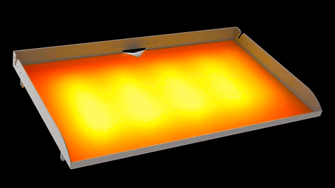 A graphic of the Omnivore Griddle Plate displaying even heat distribution across the griddle plate.