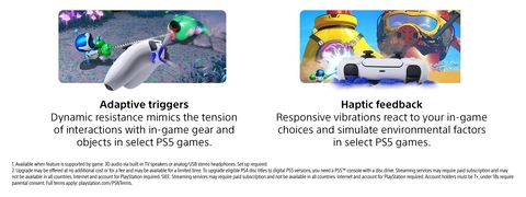 Adaptive triggers Dynamic resistance mimics the tension of interactions with in-game gear and objects in select PS5 games. Haptic feedback Responsive vibrations react to your in-game choices and simulate environmental factors in select PS5 games.