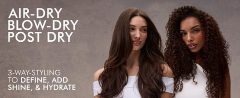 Two people show varied hair textures w/ MVP Styler Cream; text: Air-Blow, Post‑Dry and 3‑Way Styling