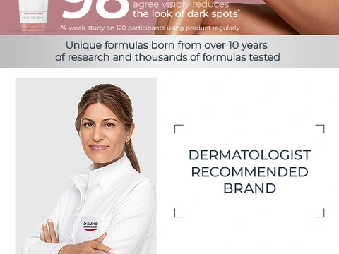 Eucerin formula enriched with Thiamidol, Licochalcone A, and Hyaluronic Acid. Professional dermatologist in white coat; "Dermatologist Recommended Brand" badge. Ingredients reduce dark spots, soothe skin, provide hydration.