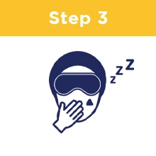 Step Three: A person wearing a sleep mask and a triangle patch with their hand covering a yawn and sleepy Z&#39;s next to their head
