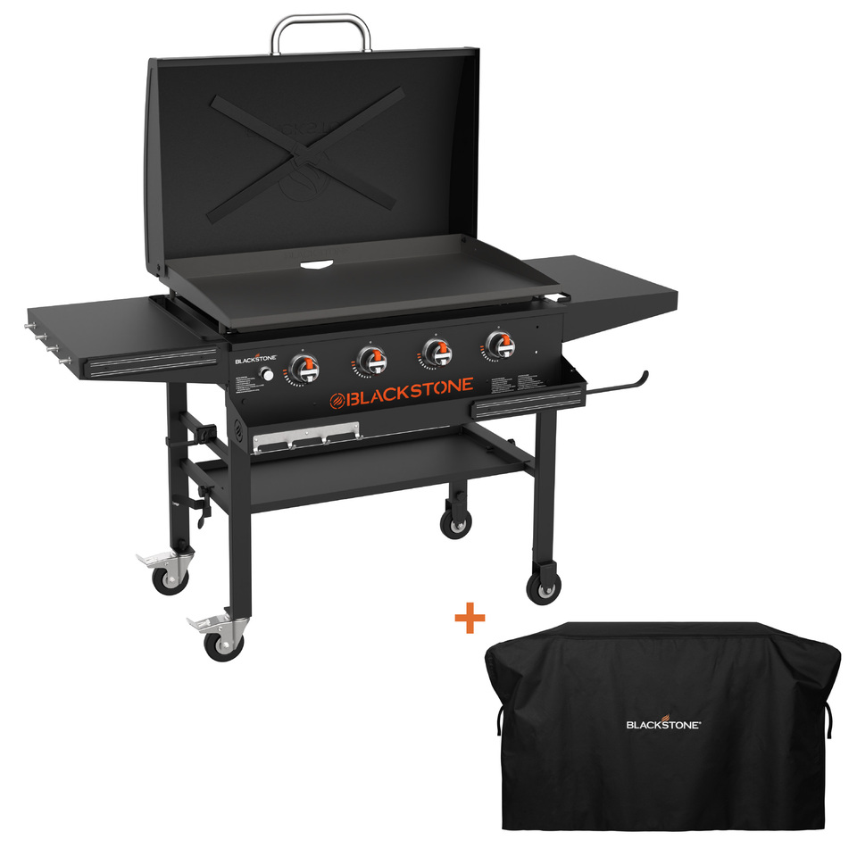 A 36 inch omnivore griddle with a hood and front shelf and the included 36 inch soft cover shown