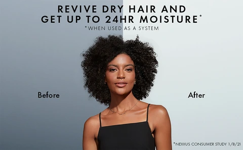 Headline against variegated light grayish blue background that reads: Revive Dry Hair and Get up to 24HR Moisture (when used as a system), and below is a split before and after image of brown-skinned woman with curly hair that appears dry and damaged on the left side and healthy and moisturized on the right.