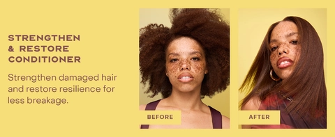 Two images of the same woman comparing her hair before and after applying our conditioner.