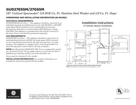 GE GUD27ESSMWW 27 Spacemaker Series Washer and Electric Dryer with