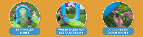 Features 3 sprinkler zones, water bases for extra stability and attaches to your garden hose.