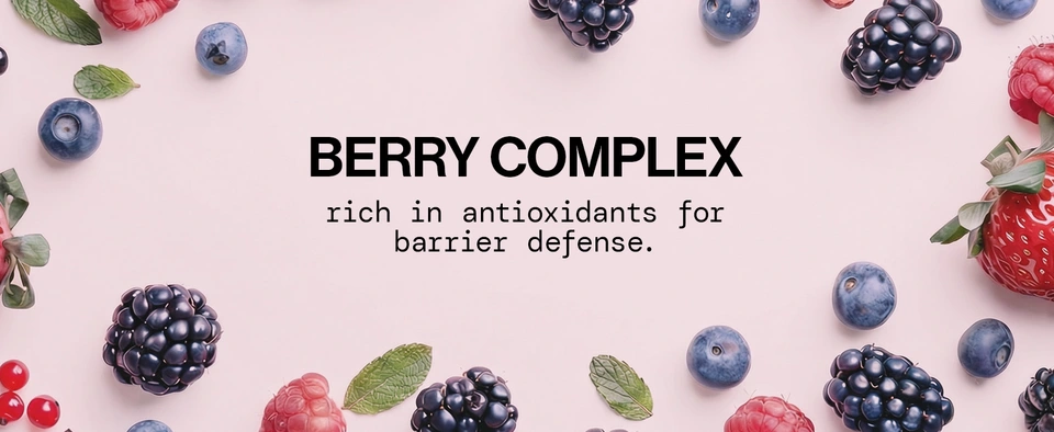 Berry Dewy Barrier Support Serum packaging with key benefits: barrier support, plumping hydration, and lightweight feel.