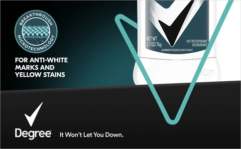 Lower half of the Degree Men UltraClear Black+White Fresh Antiperspirant Deodorant with Degree logo and "It Won't Let You Down."