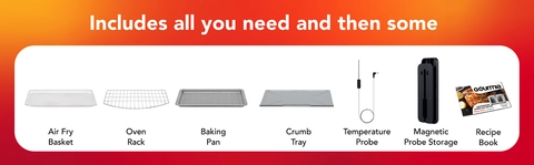 Photo: 'Includes all you need and then some: Air Fry Basket, Oven Rack, Baking Pan, Crumb Tray, Temperature Probe, Magnetic Probe Storage, Recipe Book'