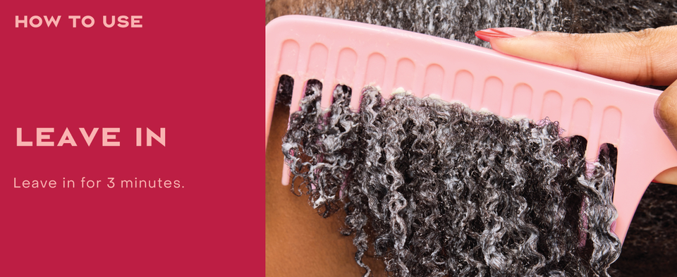 Image of a woman's hand combing wet curly hair, next to leave on hair instructions.