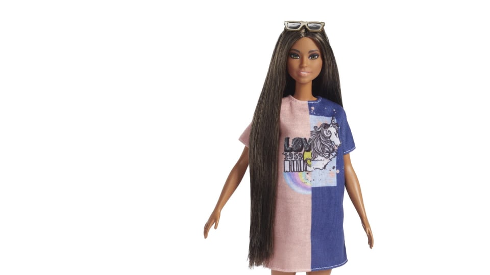 thumbnail video image 2 of Barbie Fashionistas Doll, Original Body Type with Color-Block Dress, 2 of 10