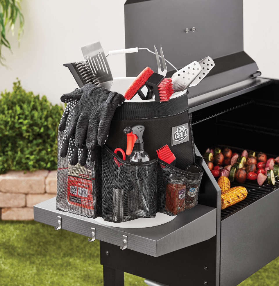 Expert Grill Bucket Caddy Organizer with Pockets for Grilling Accessories, Black