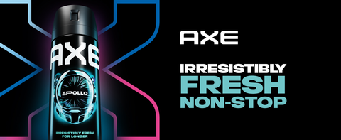 Image of Axe Apollo Spray, dark background with logo &amp; headline about non-stop freshness.