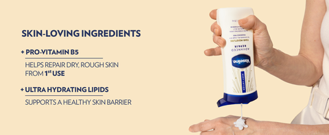 An elderly woman applying product into her hand next to text about hydrating &amp; protecting skin.