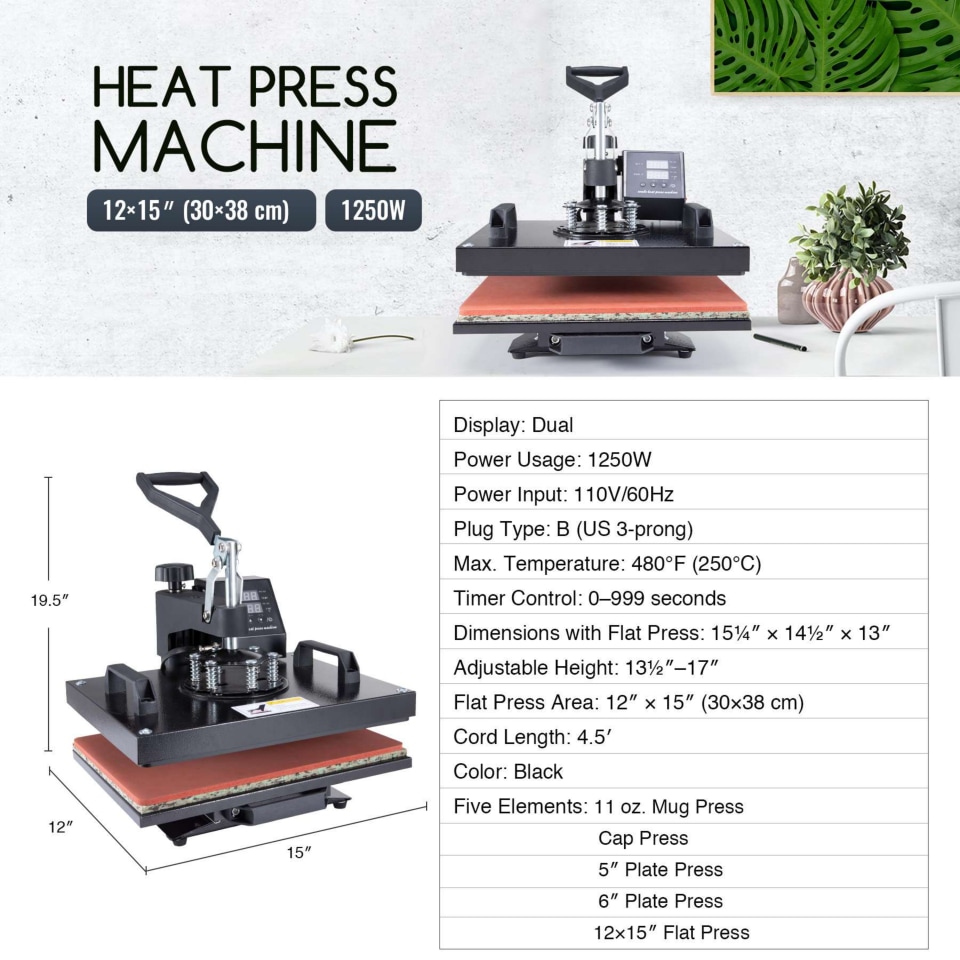 Preenex Growthrill 5 in 1 12"x15" Heat Press Machine with 360 Degree