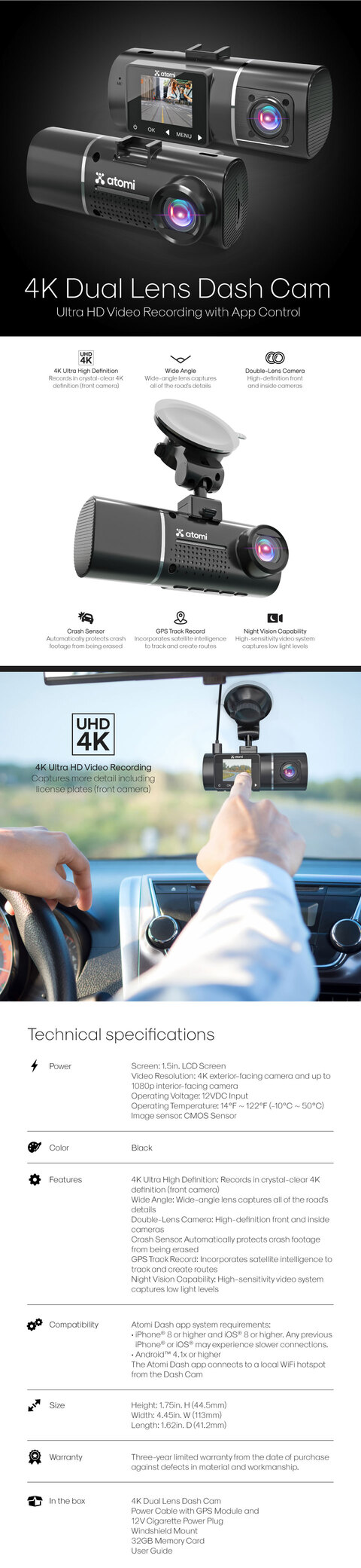 Atomi Dash Cam product specifications and features 