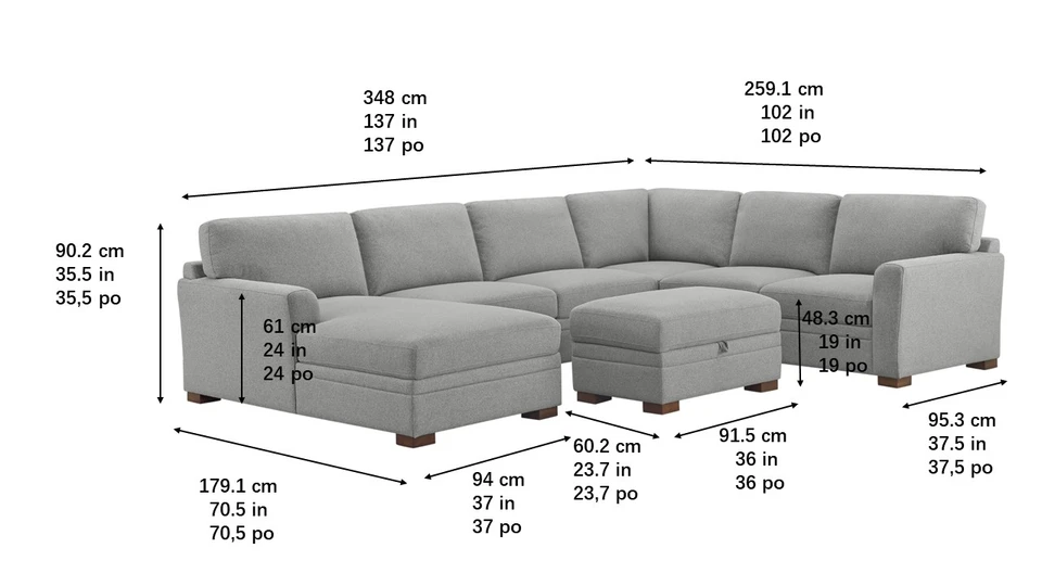 Overall Dimensions of Thomasville Langdon Sectional with Chaise and Storage Ottoman