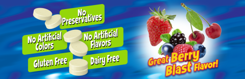 No preservatives, artificial colors/flavors, gluten &amp; dairy free. Berry blast flavor!