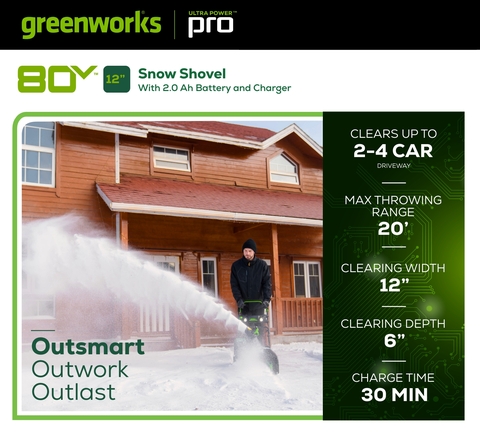 Greenworks - Pelle à neige 80V 12 sans contact, batterie 2.0 Ah et ch –  CHAP Aubaines