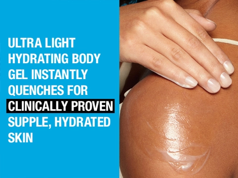 Person applying Hydro Boost hydrating body gel cream on shoulder for instantly quenced hydrated skin