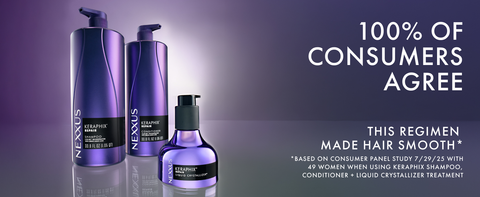 Full range of Nexxus Keraphix products with a glass-like background and glow behind this regimen.