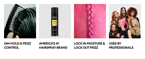 Comb through wet hair, hairspray bottle, smooth pink braided hair &amp; diverse women with bold styles.