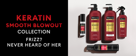 Text on black beside TRESemmé Collection with gold labels &amp; styling products on a soft-lit surface.