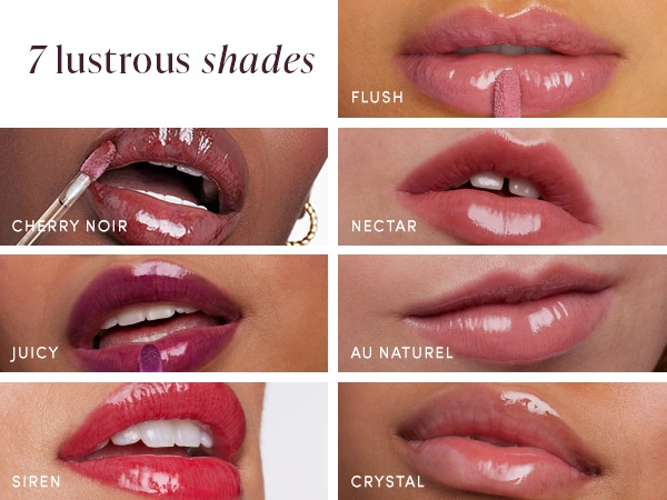 Headline 7 Lustrous Shades, with images of lips showcasing each shade, including, Cherry Noir, a deep raisin, Juicy, a cool berry pink, Siren, a vibrant red, Flush, a mid-tone rose pink, Nectar, a warm soft peach, Au Naturel, a  light pink nude, and Crystal, a sheer shade.