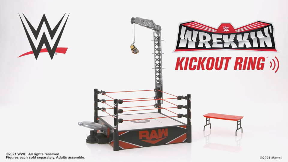 thumbnail video image 3 of WWE Wrekkin' Kickout Ring with Randomized Ring Count, Launcher, Crane, WWE Championship & Accessories, 3 of 8
