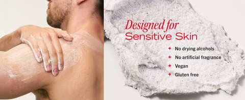 Man scrubbing shoulder, showing smoother skin