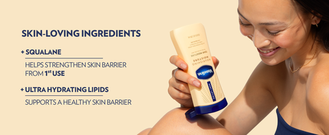 Happy woman applying product into her leg next to text about hydrating &amp; strengthening skin.