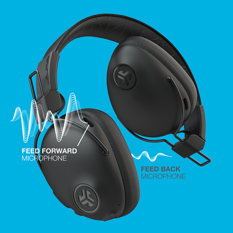 Infographic showing rendering of Studio Pro ANC Headphones with feed forward and feed backward microphones.