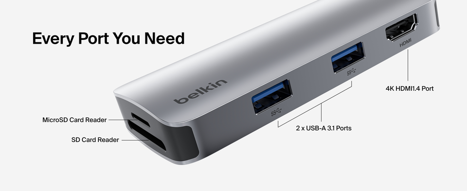 Hub USB-C 5 Ports Belkin Avec HDMI 4K 60 Hz, Power Delivery 100 W, Transfert 10 Gbit/s - Compatible MacBook, IPad