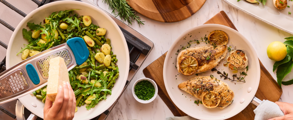 thumbnail video image 2 of Rachael Ray Cucina Ceramic Nonstick Saute Pan with Lid, 3-Quart, Almond, 2 of 5