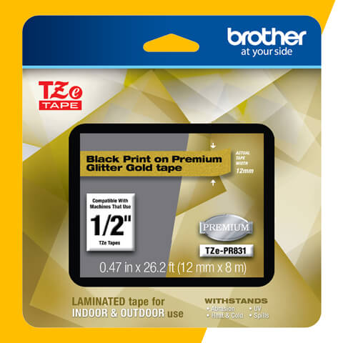 Brother P-touch TZEPR831  12mm Black on Glitter Gold Premium