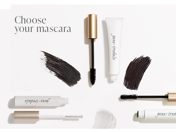 An image of lash primer and two mascaras, with the headline choose your mascara.