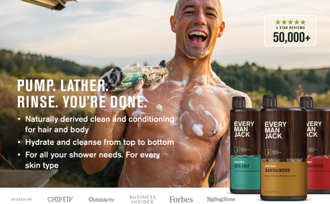 Every Man Jack body wash: cleanses, hydrates for all skin types with outdoor inspired scents.