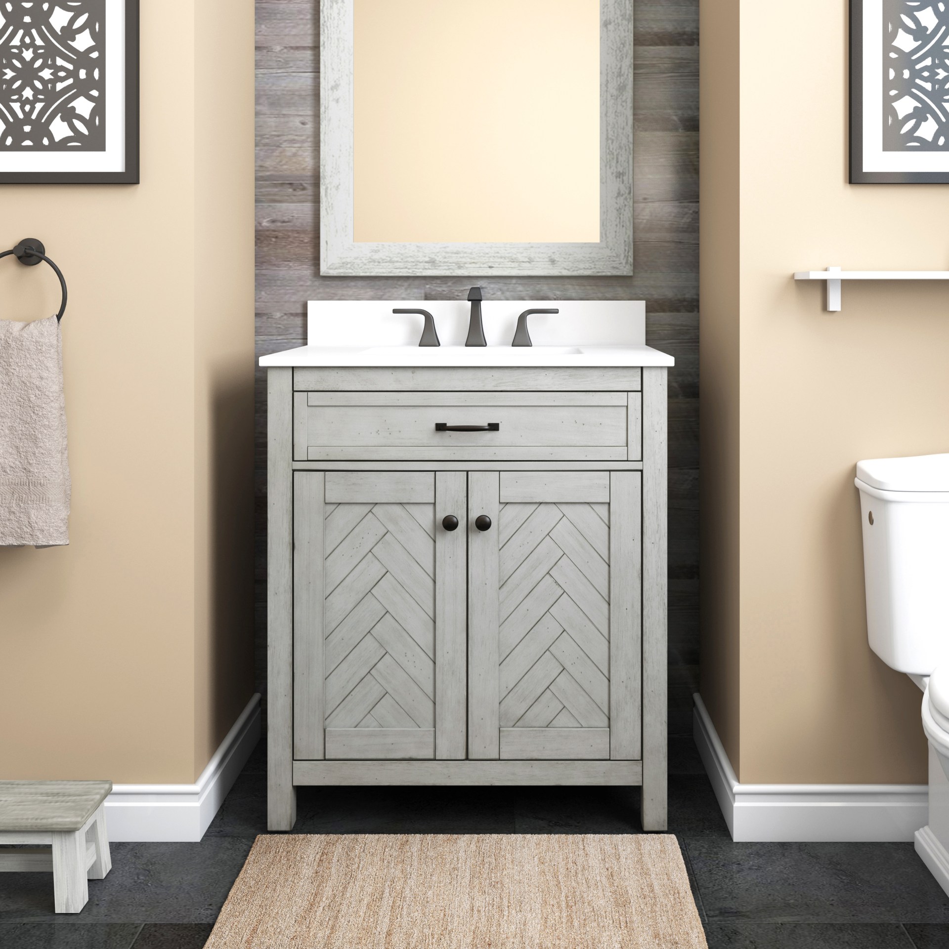 Allen Roth Chevron 30 In White Undermount Single Sink Bathroom Vanity With White Engineered Stone Top In The Bathroom Vanities With Tops Department At Lowescom