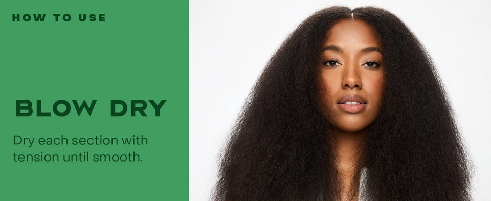 Text reads: "HOW TO USE. BLOW DRY. Dry each section with tension until smooth." The left side has green text, the right shows voluminous hair.