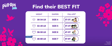 With 3 size options, find the best fit for your child with Pull Ups Plus for Girls training pants