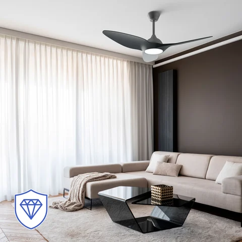 The smart fan mounted in a modern living room