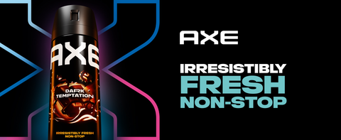 Image of an Axe Dark Temptation Spray, dark background with logo &amp; titles about non-stop freshness.