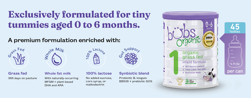 Bubs Organic® Grass Fed Infant Formula Stage 1, 800g (0-6 Months 