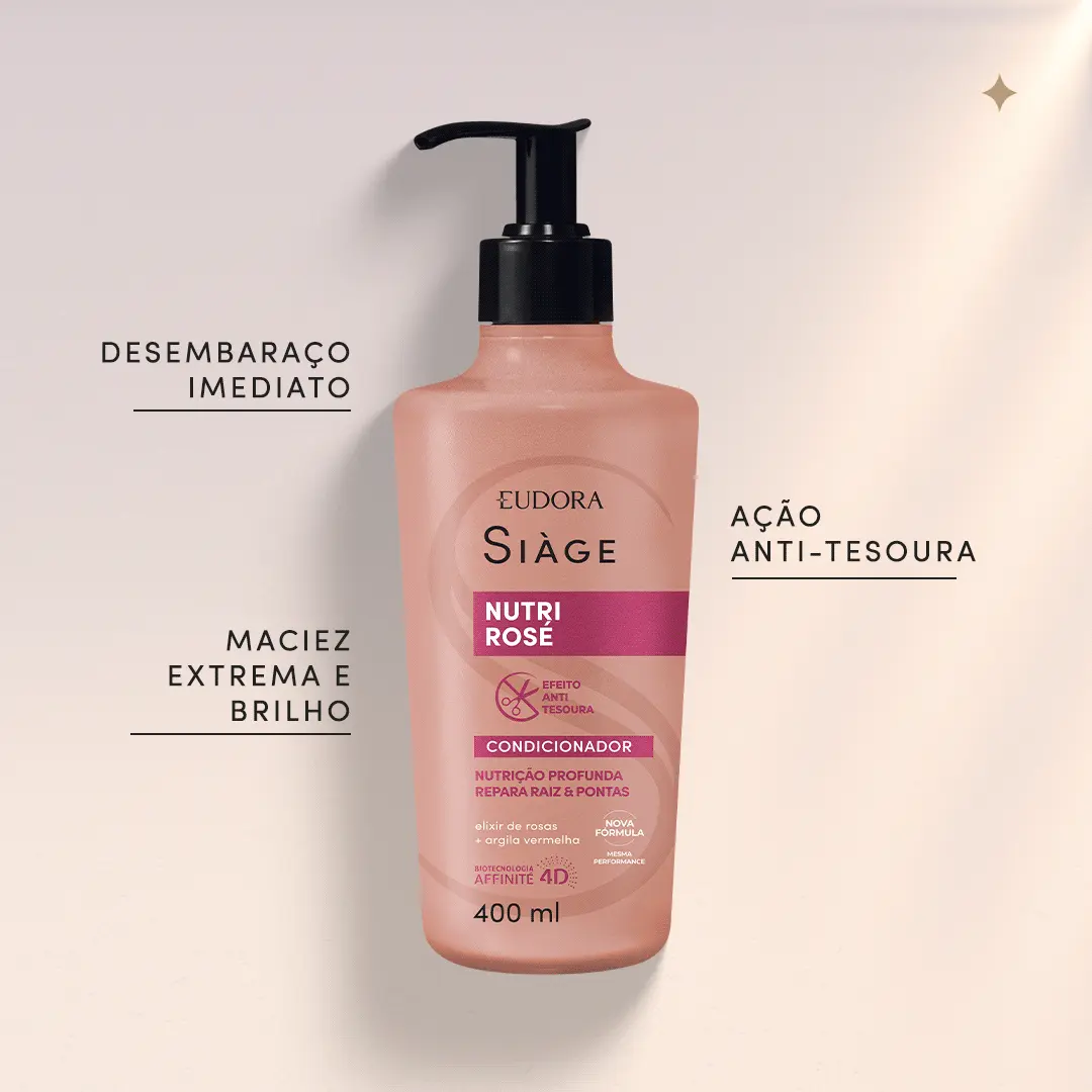 Gif com a imagem dos Condicionadores Siàge Nutri Rosé em diferentes volumetrias centralizados. Ao redor, os benefícios: Desembaraço imediato; Maciez e brilho extremo; Ação anti-tesoura.