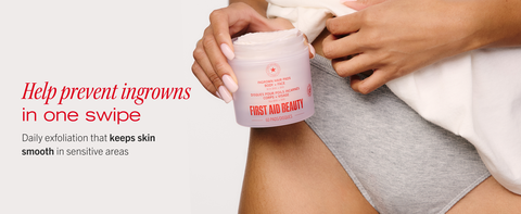 Model holding ingrown hair pads next to unbothered bikini line