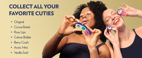 Two women holding pots of Vaseline Lip Therapy Jelly next to list highlighting the whole range. 