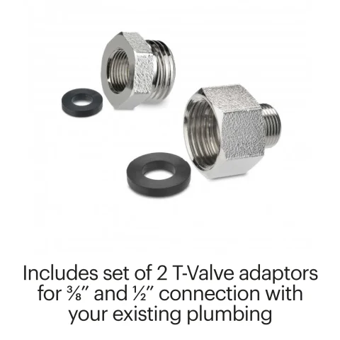 Includes set of 2 T-Valve adaptors for ⅜” and &#189;” connection with your existing plumbing