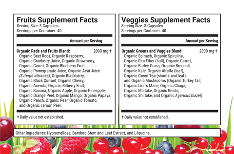 Super Fruits Supplement Facts: serving size 3 capsules. Servings per container: 40. Organic Reds and Fruits Blend: Organic Beet Root, Organic Raspberry, Organic Cranberry Juice, Organic Strawberry, Organic Carrot, Organic Blueberry Fruit, Organic Pomegranate Juice, Organic Acai Juice (Euterpe oleracea), Organic Blackberry, Organic Black Currant, Organic Cherry, Organic Acerola, Organic Bilberry Fruit, Organic Banana, Organic Apple, Organic Pineapple, Organic Orange Peel, Organic Mango, Organic Papaya, Organic Peach, Organic Pear, Organic Tomato, and Organic Lemon Peel. *Percent Daily Values are based on a 2,000 calorie diet. ✝Daily value not established. Other Ingredients: Hypromellose, Bamboo Stem and Leaf Extract, and L-leucine. Protect from heat, light and moisture. Store at 15-30&#176;C (59-86&#176;F).  Keep out of reach of children. Do not purchase if seal is broken. Super Veggies Supplement Facts: Serving size: 3 capsules. Servings per container: 40. Organic Greens and Veggies Blend: Organic Spinach, Organic Spirulina, Organic Pea Fiber (hull), Organic Carrot, Organic Barley Grass, Organic Broccoli, Organic Kale, Organic Alfalfa (leaf), Organic Green Tea (shoots and leaf), and Organic Mushrooms (Organic Turkey Tail, Organic Lion’s Mane, Organic Chaga, Organic Maitake, Organic Reishi, Organic Shiitake, and Organic Agaricus blazei). *Percent Daily Values are based on a 2,000 calorie diet. ✝Daily value not established. Other Ingredients: Hypromellose, Bamboo Stem and Leaf Extract, and L-leucine. Protect from heat, light and moisture. Store at 15-30&#176;C (59-86&#176;F).  Keep out of reach of children. Do not purchase if seal is broken. Amount per Serving: 2000 mg fruits and 2000 mg veggies.