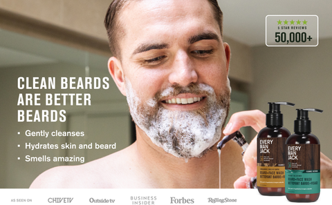 Gently cleanses, hydrates skin and beard, smells amazing. 50,000+ 5-star reviews.